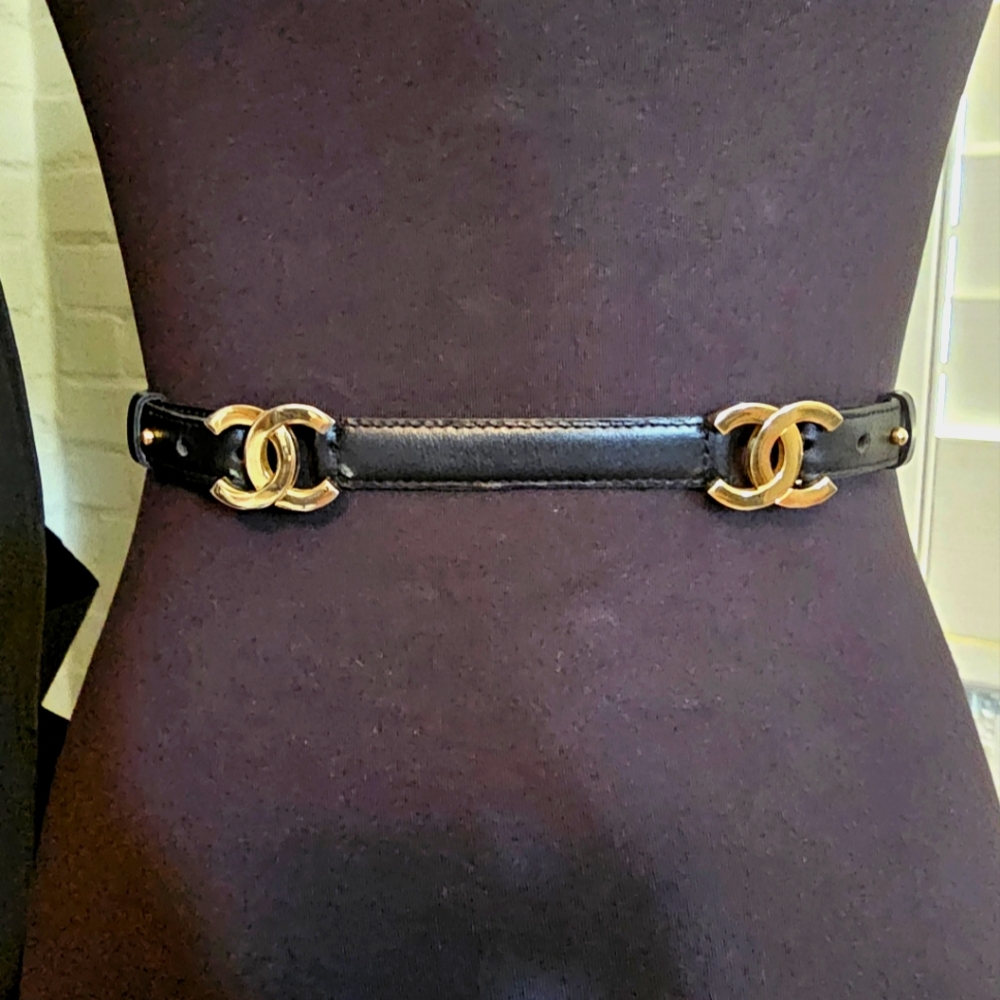 CHANEL Black Leather Belt with Gold Logo